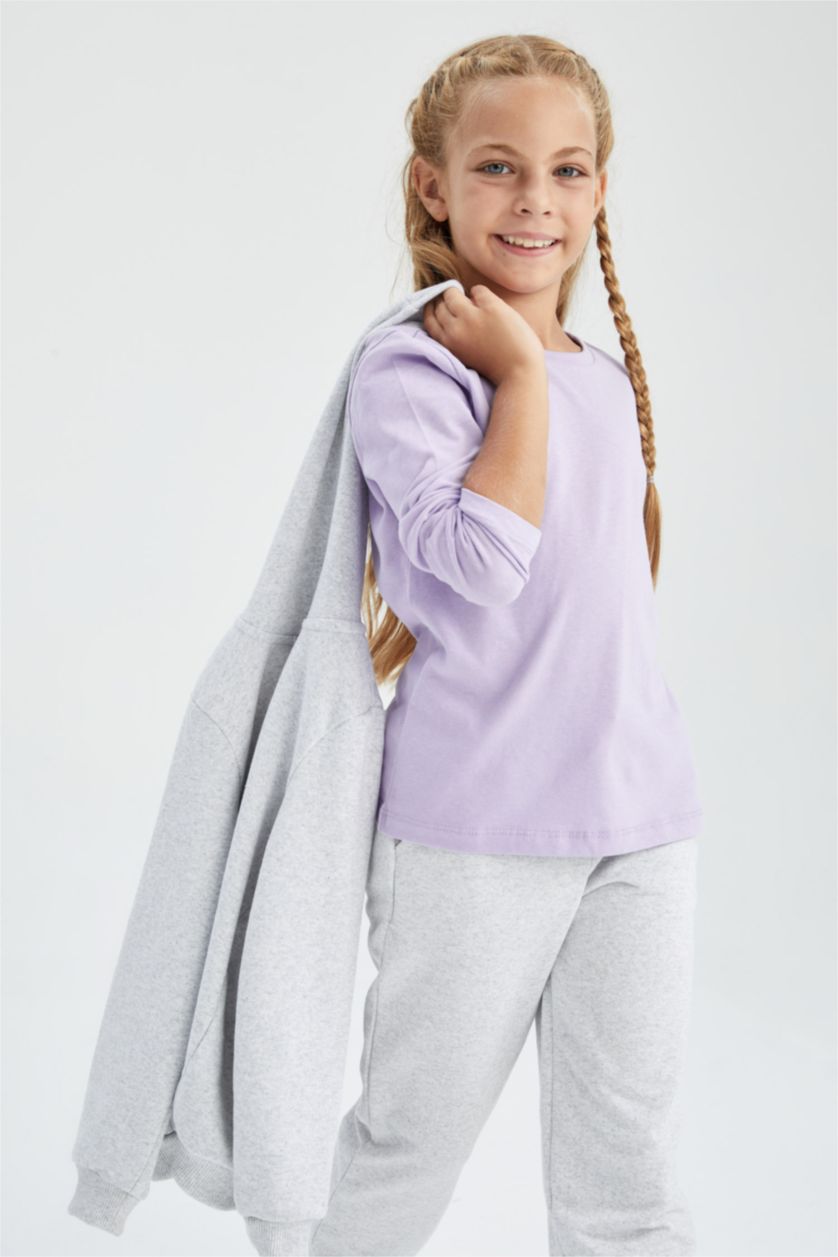 Kız Çocuk - Genç Kız Açık Lila Kız Çocuk Mor Bisiklet Yaka Uzun Kollu Okul Tişörtü