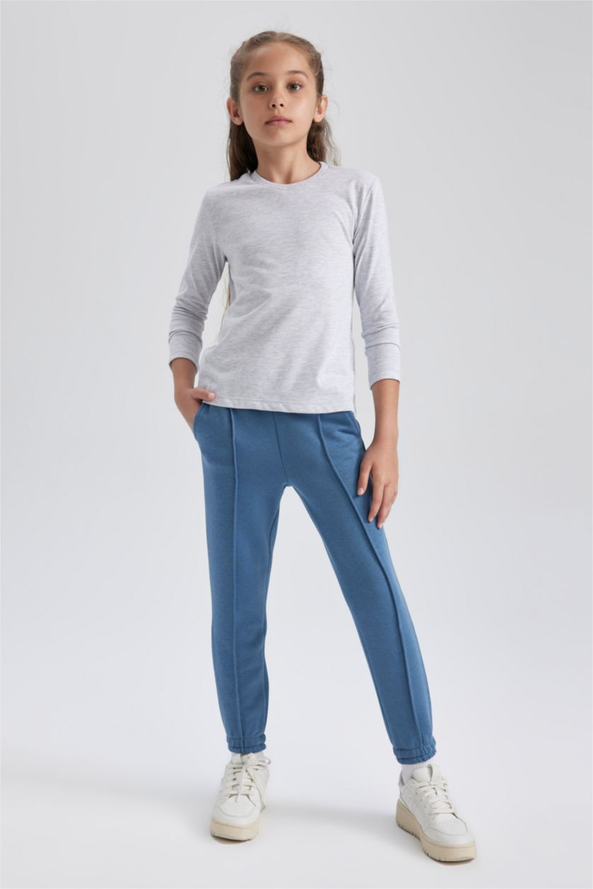 GIRLS & TEENS Grey Melange Girl Gray Crew Neck Cotton Long Sleeve School T-Shirt