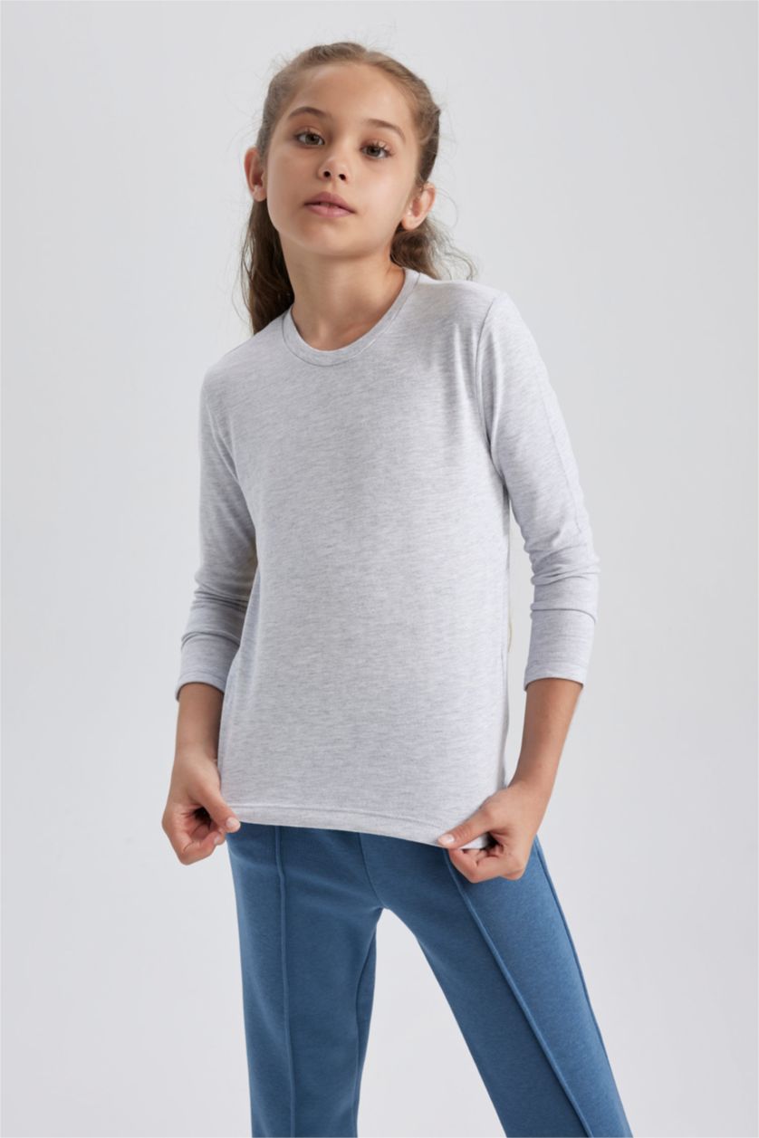 GIRLS & TEENS Grey Melange Girl Gray Crew Neck Cotton Long Sleeve School T-Shirt