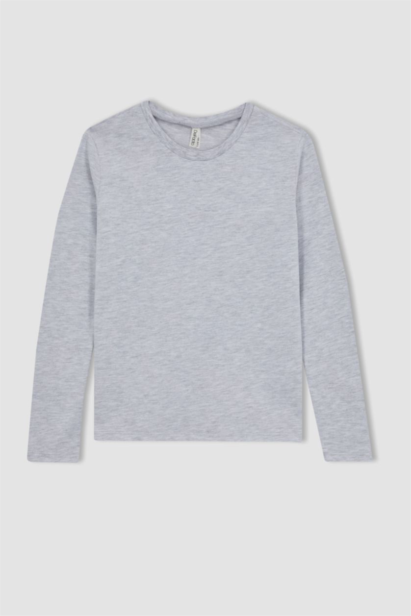 GIRLS & TEENS Grey Melange Girl Gray Crew Neck Cotton Long Sleeve School T-Shirt