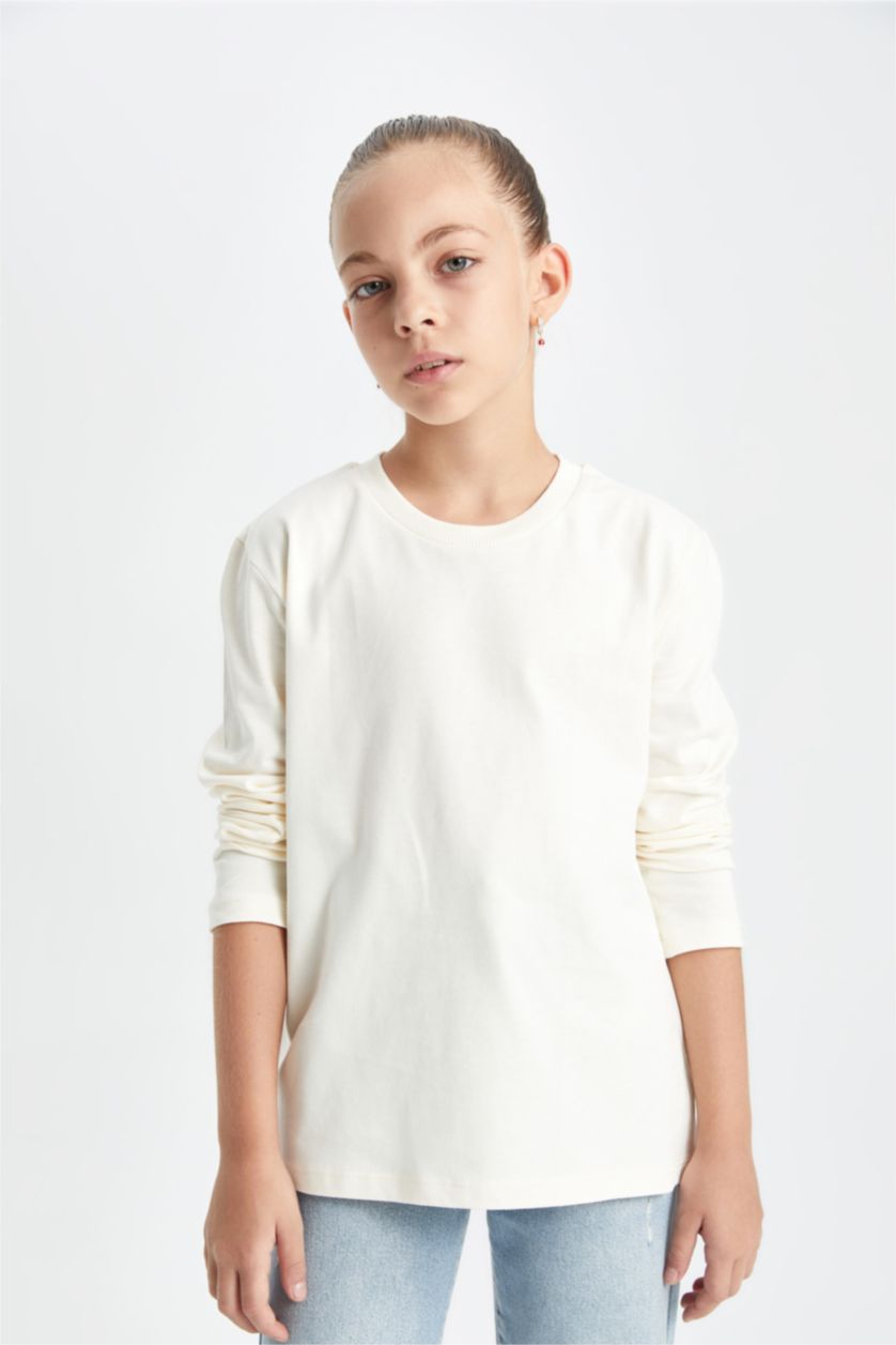 FILLES Blanc T-shirt Blanc basique à manches longues à col rond pour fille