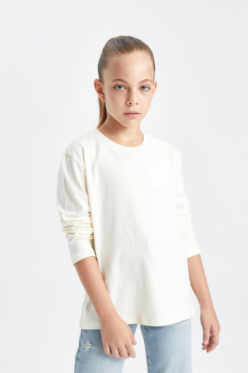 FILLES Blanc T-shirt Blanc basique à manches longues à col rond pour fille