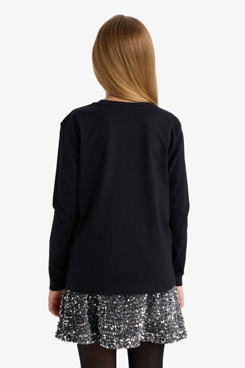 Kız Çocuk - Genç Kız Siyah Bisiklet Yaka Basic Düz Uzun Kollu Okul Tişörtü Kız Çocuk