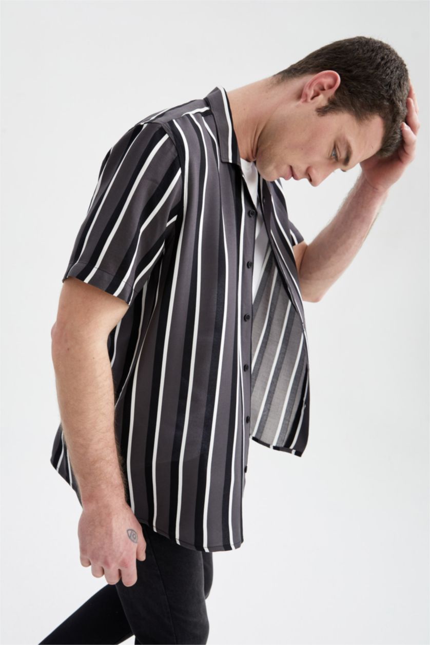 MAN Anthracite Slim Fit Short Sleeve Striped Viscose Shirt