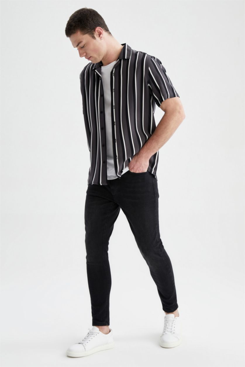 MAN Anthracite Slim Fit Short Sleeve Striped Viscose Shirt