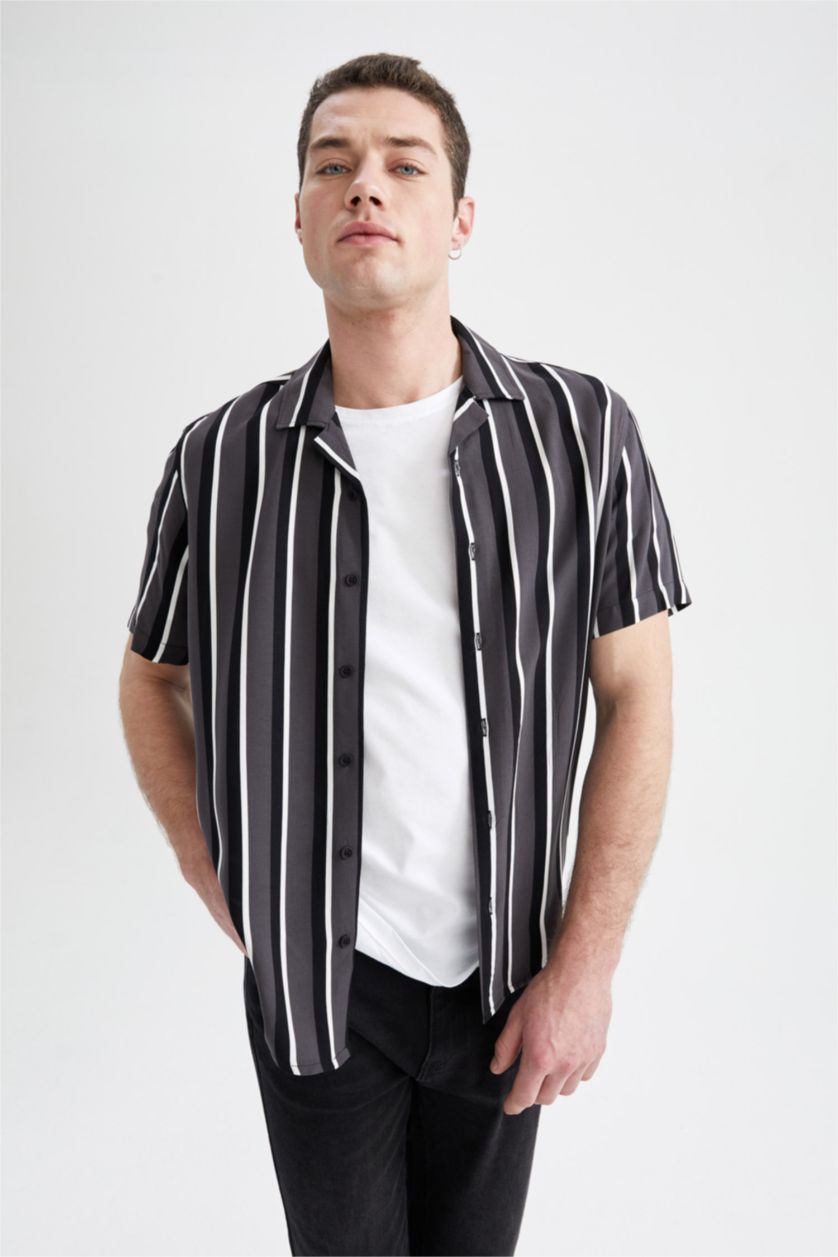 MAN Anthracite Slim Fit Short Sleeve Striped Viscose Shirt