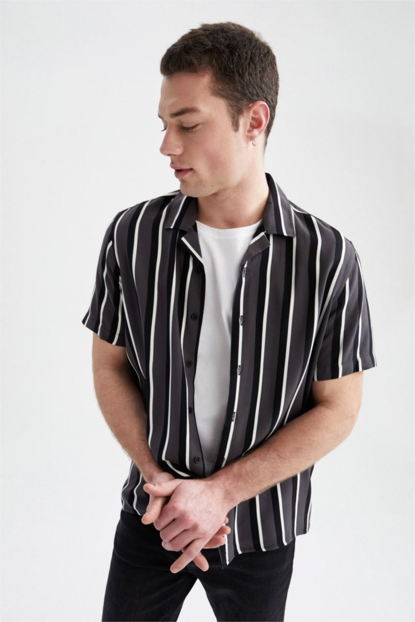 MAN Anthracite Slim Fit Short Sleeve Striped Viscose Shirt