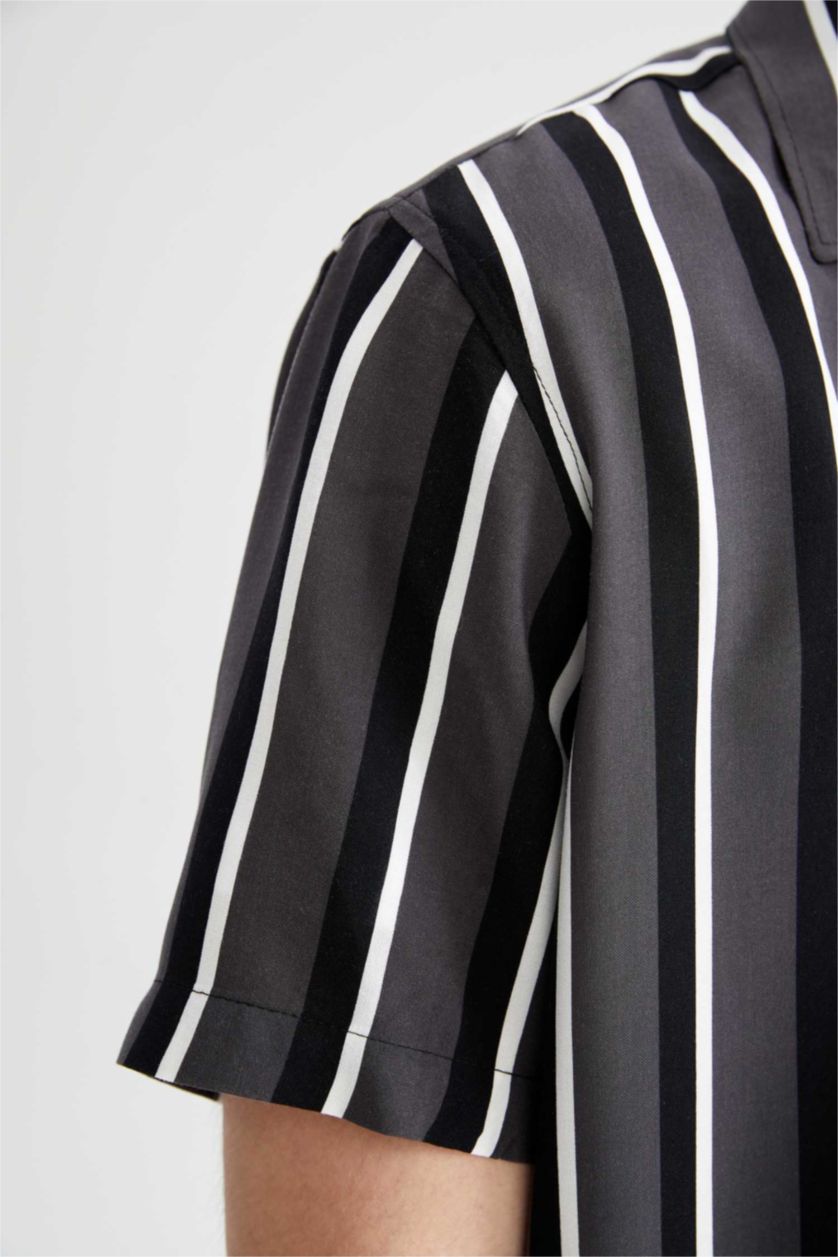 MAN Anthracite Slim Fit Short Sleeve Striped Viscose Shirt