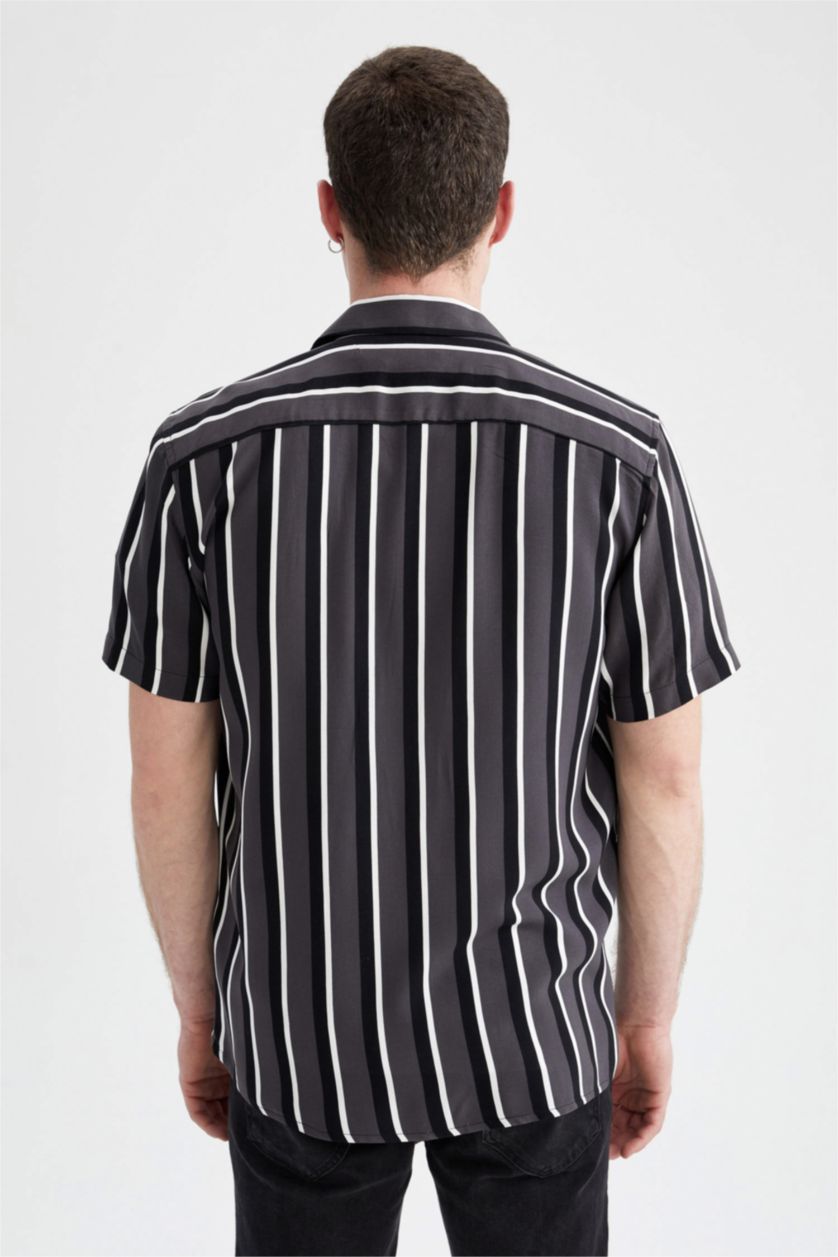 MAN Anthracite Slim Fit Short Sleeve Striped Viscose Shirt
