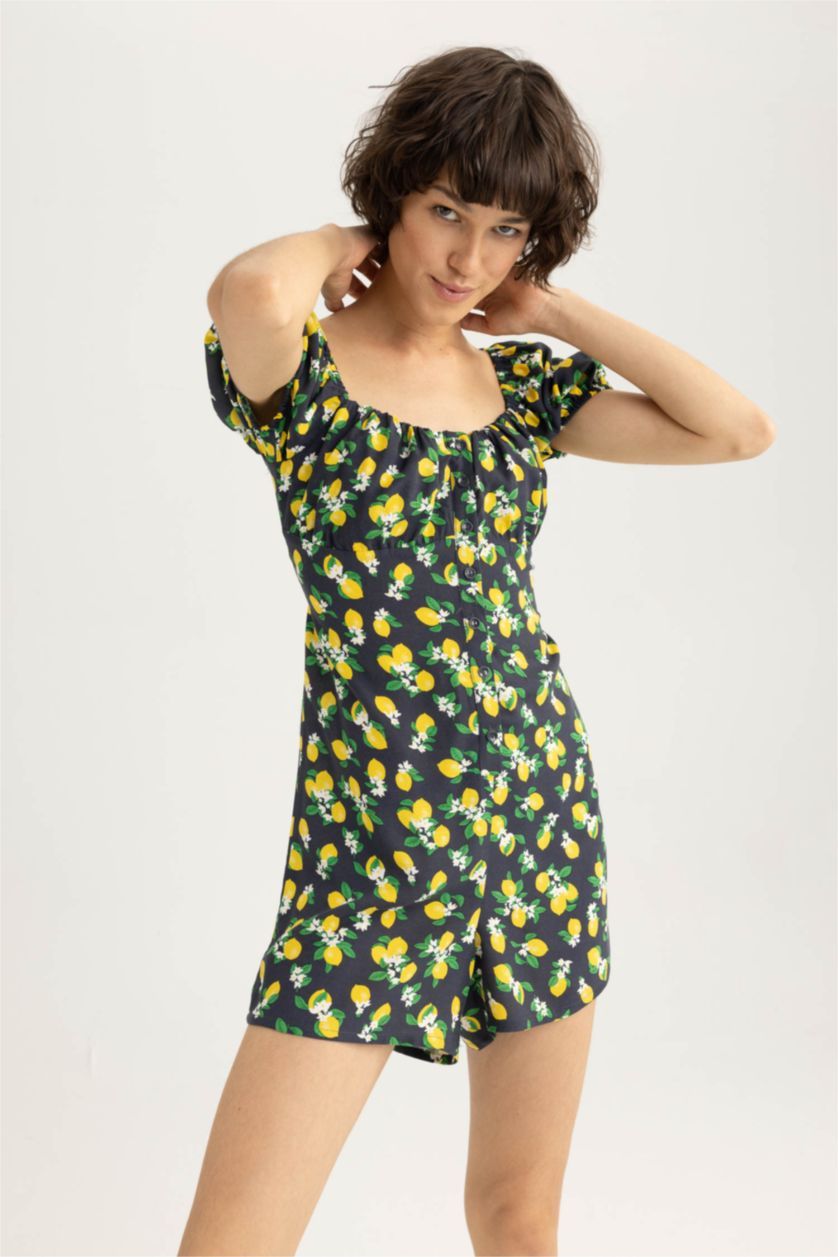 Woman NAVY Heart Collar Printed Short Sleeve Jumpsuit