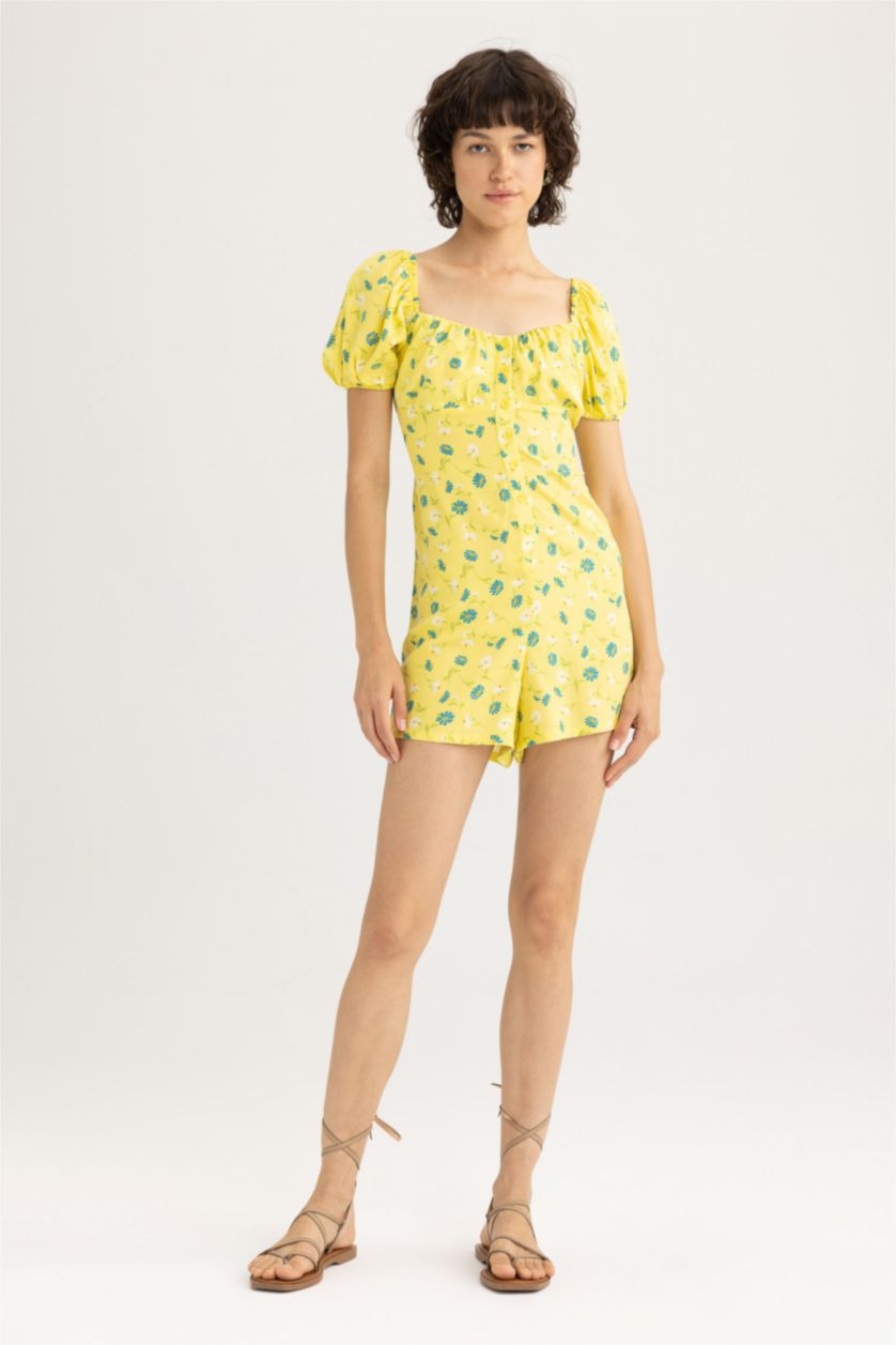 Woman Yellow Heart Collar Printed Short Sleeve Jumpsuit