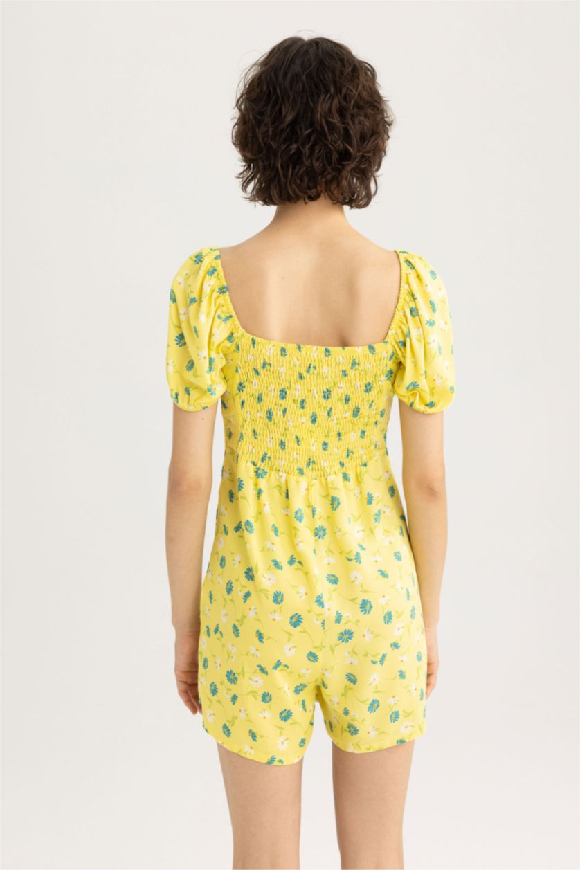 Woman Yellow Heart Collar Printed Short Sleeve Jumpsuit