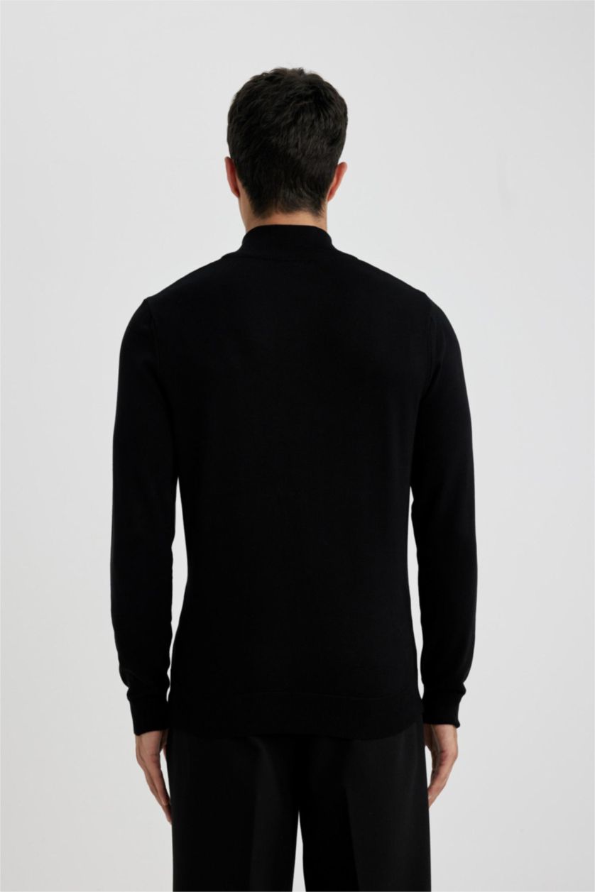 Erkek Siyah Slim Fit Yarım Balıkçı Fermuarlı Yaka Triko Kazak