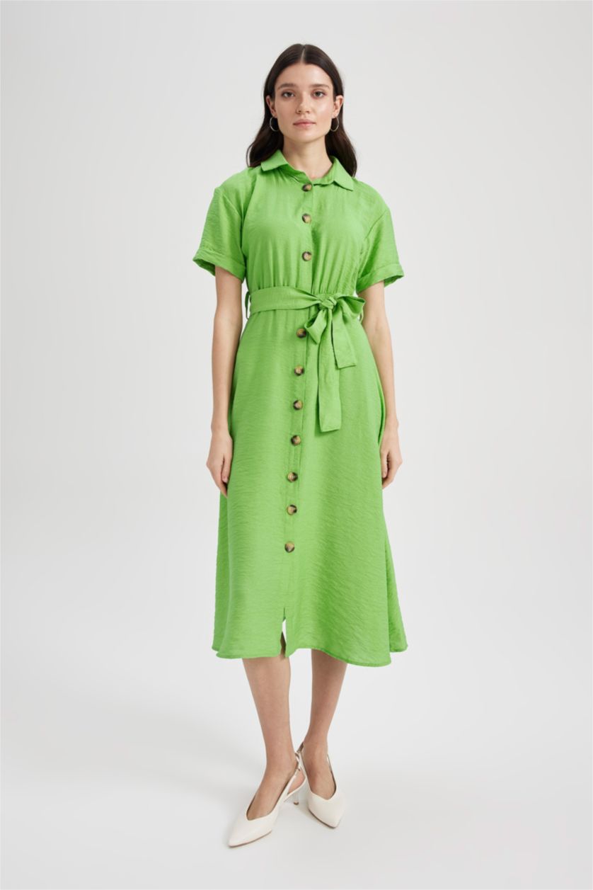 FEMME Vert Robe Tissée Mi-Longue À Manches Courtes