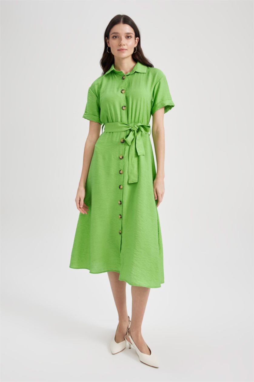 FEMME Vert Robe Tissée Mi-Longue À Manches Courtes