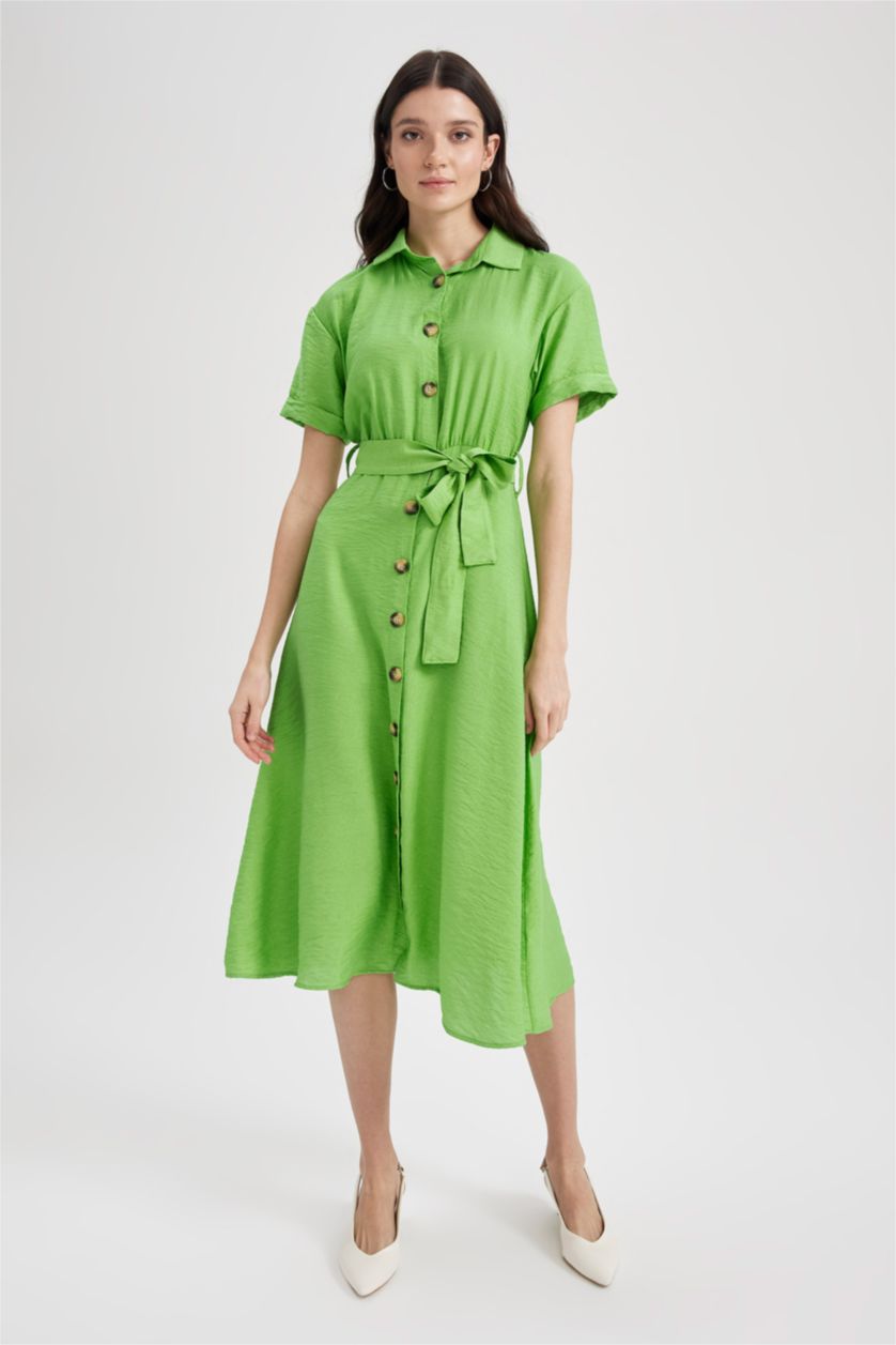 FEMME Vert Robe Tissée Mi-Longue À Manches Courtes