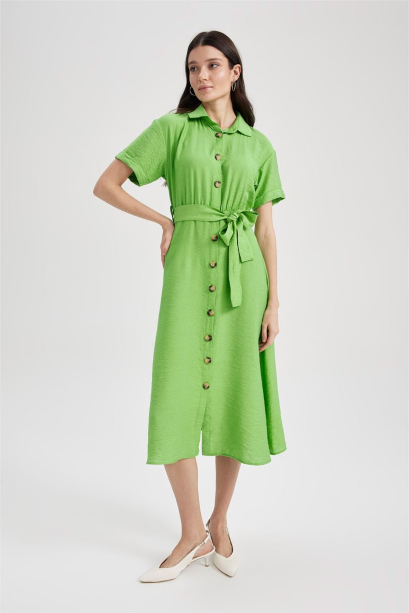 FEMME Vert Robe Tissée Mi-Longue À Manches Courtes