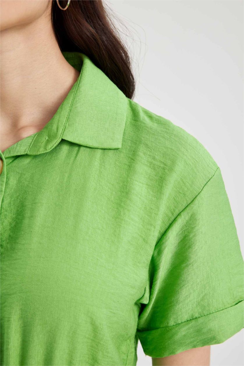 FEMME Vert Robe Tissée Mi-Longue À Manches Courtes