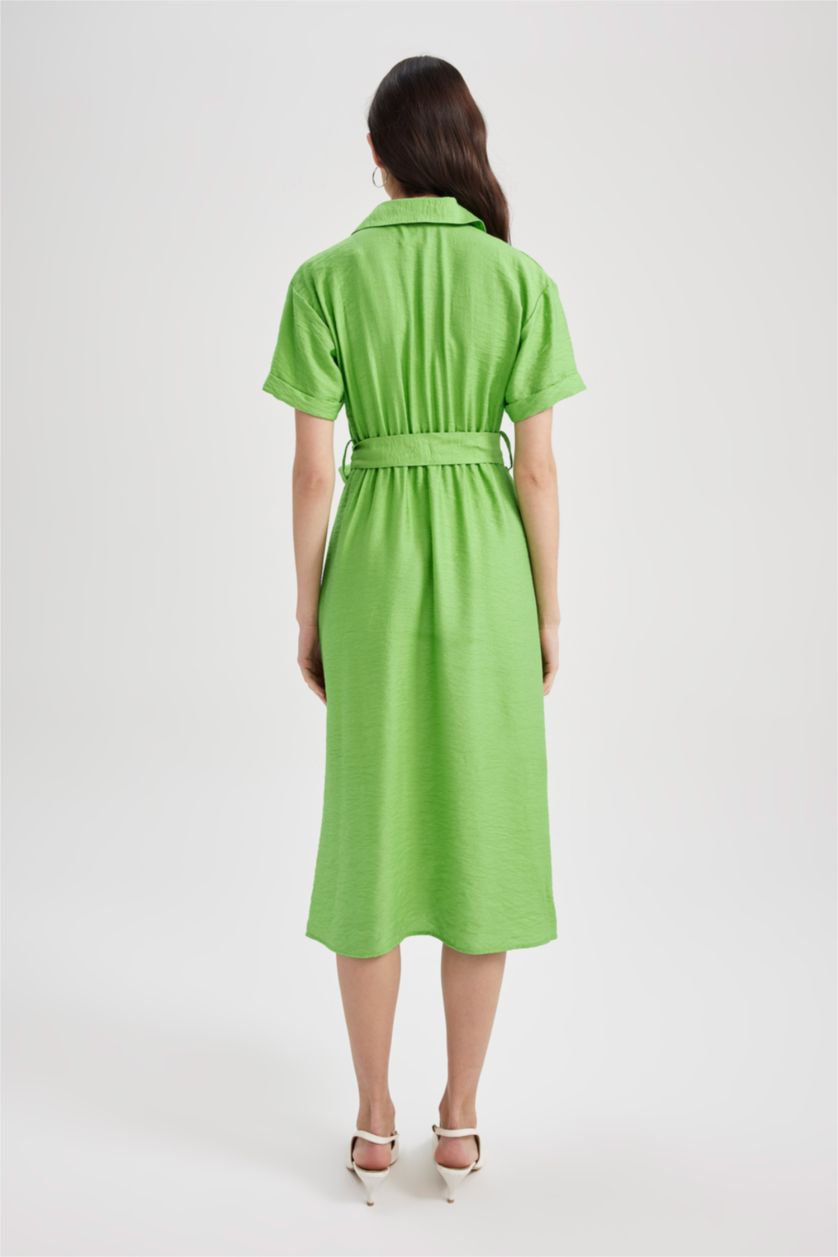 FEMME Vert Robe Tissée Mi-Longue À Manches Courtes