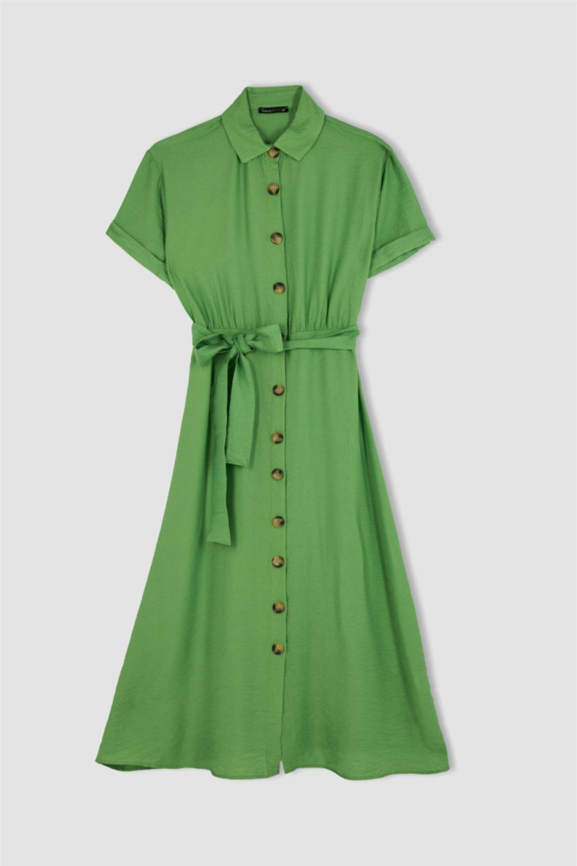 FEMME Vert Robe Tissée Mi-Longue À Manches Courtes