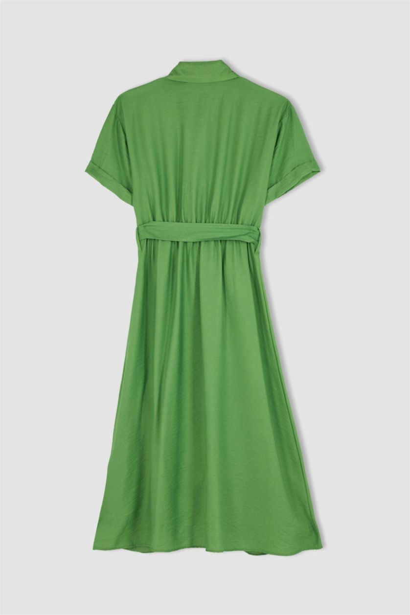 FEMME Vert Robe Tissée Mi-Longue À Manches Courtes