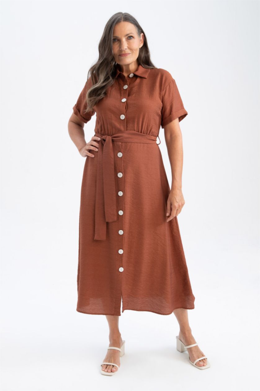 FEMME Marron Robes Look Lin Col De Chemise