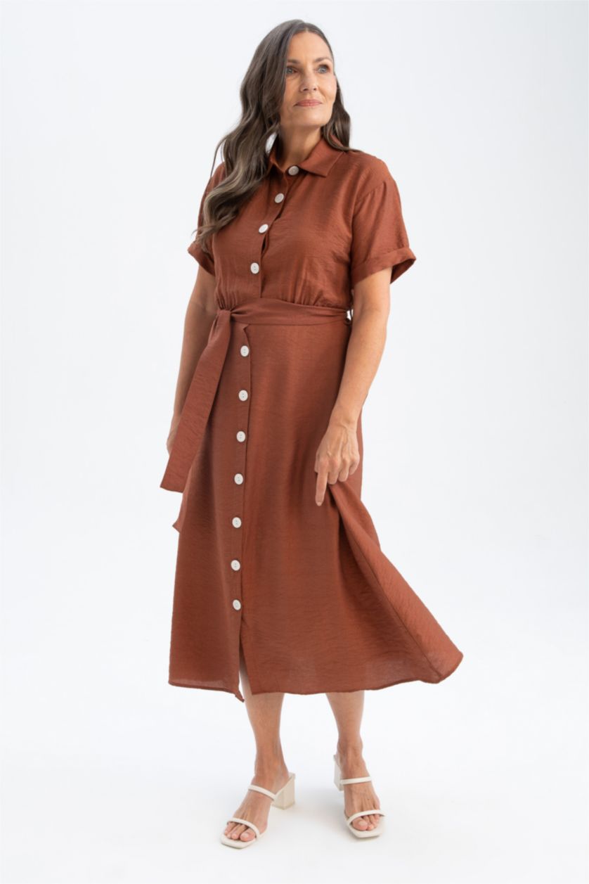 FEMME Marron Robes Look Lin Col De Chemise