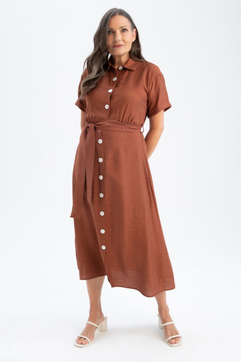 FEMME Marron Robes Look Lin Col De Chemise
