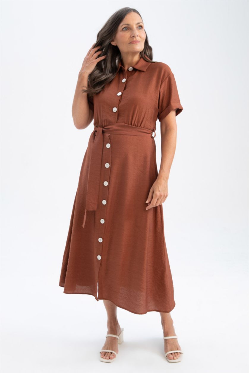FEMME Marron Robes Look Lin Col De Chemise