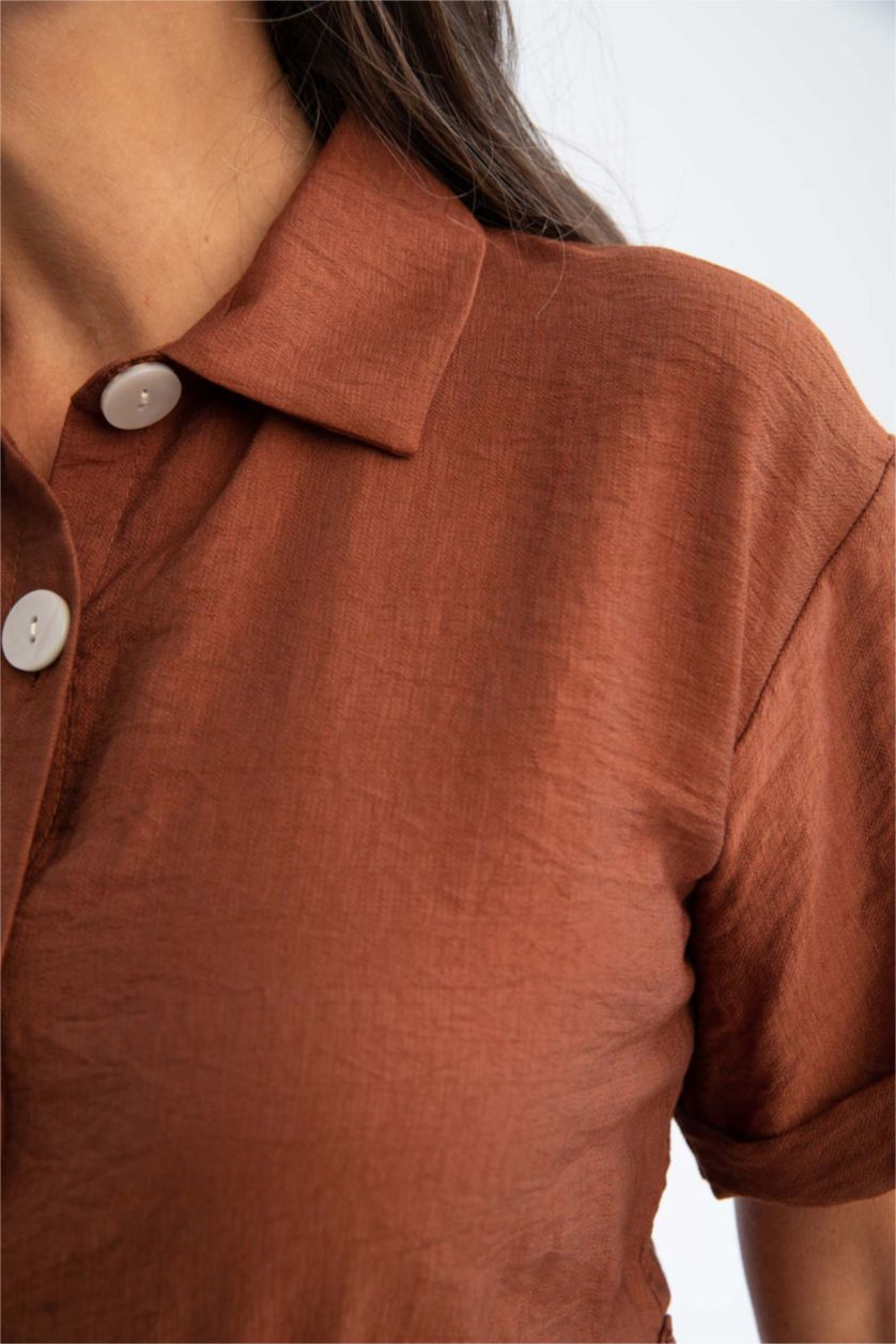 FEMME Marron Robes Look Lin Col De Chemise