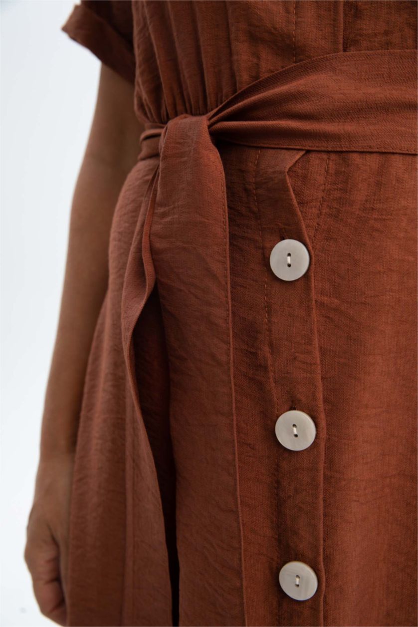 FEMME Marron Robes Look Lin Col De Chemise