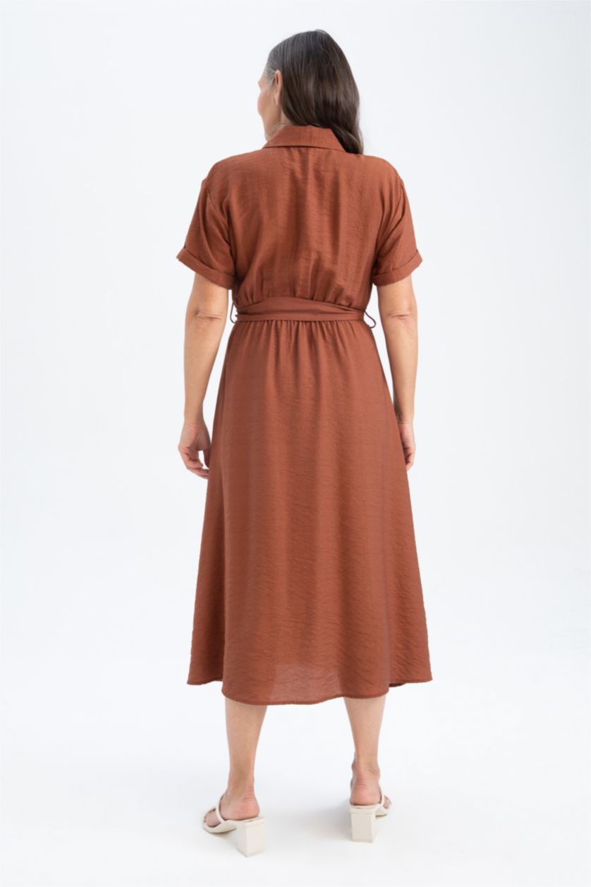FEMME Marron Robes Look Lin Col De Chemise