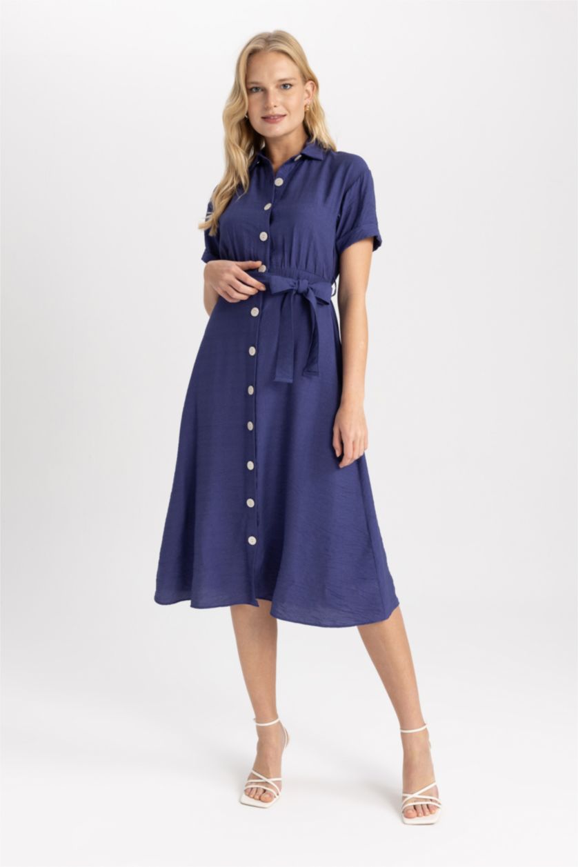 Женская Индиго Летнее платье миди с воротником с коротким рукавом