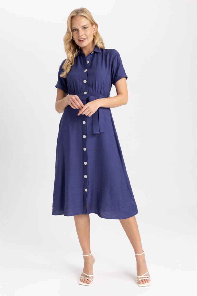 Женская Индиго Летнее платье миди с воротником с коротким рукавом