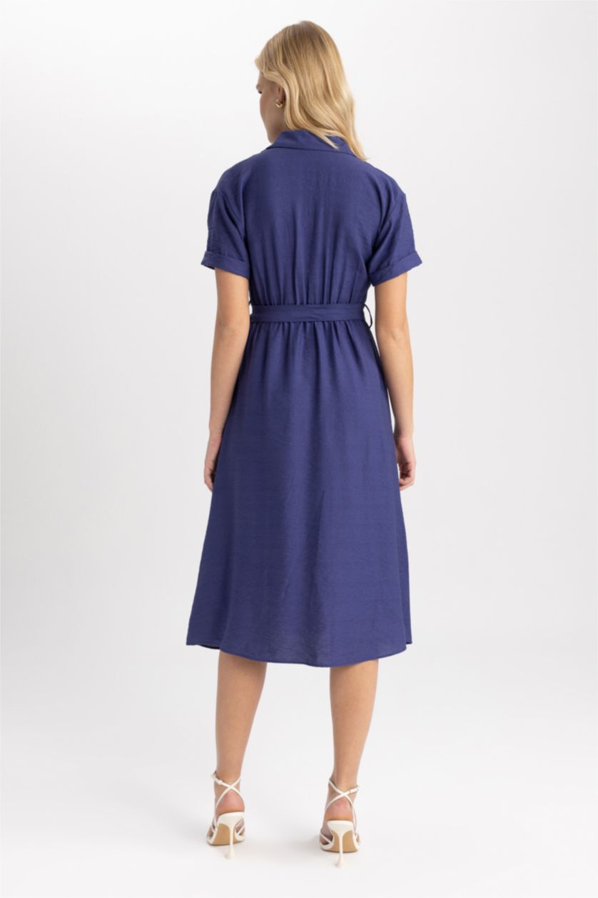 Женская Индиго Летнее платье миди с воротником с коротким рукавом