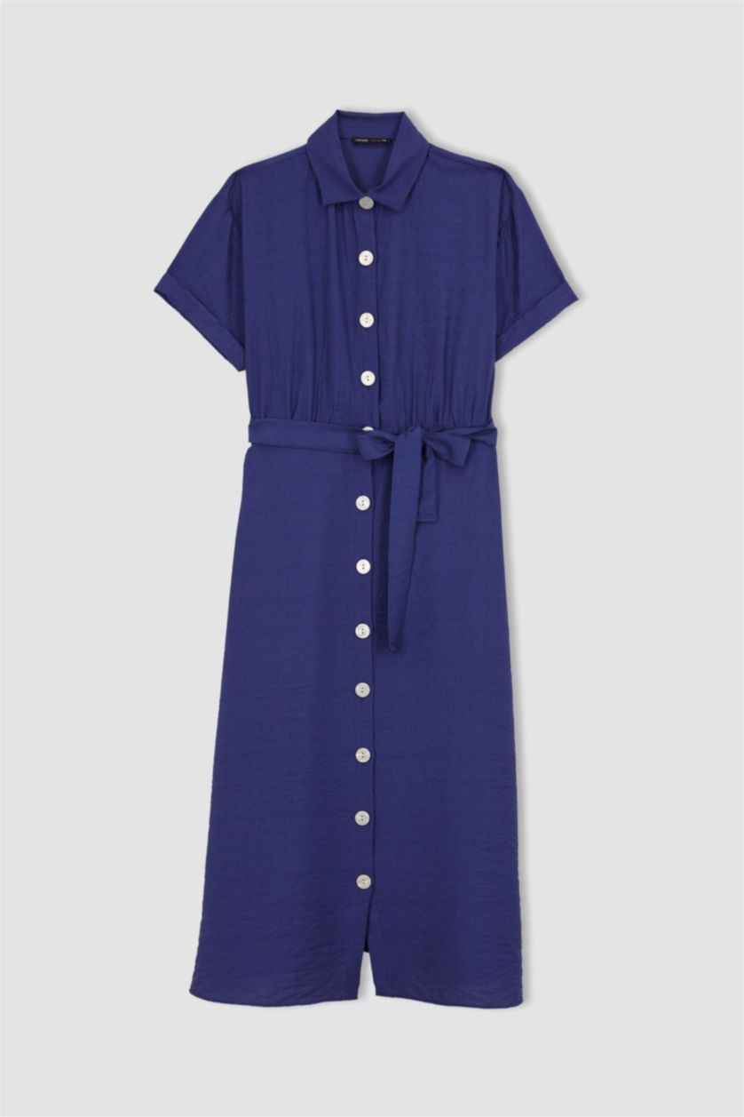 Женская Индиго Летнее платье миди с воротником с коротким рукавом