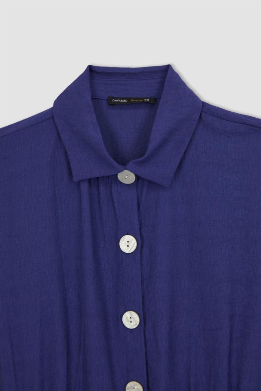 Женская Индиго Летнее платье миди с воротником с коротким рукавом