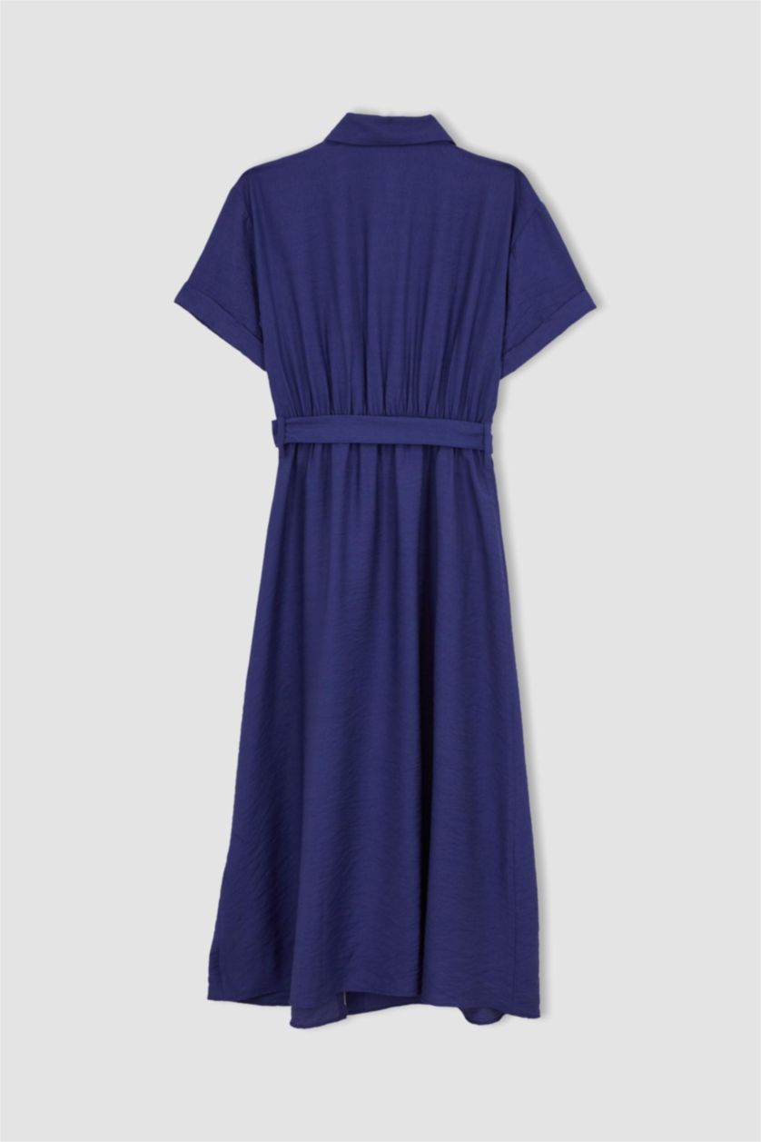 Женская Индиго Летнее платье миди с воротником с коротким рукавом