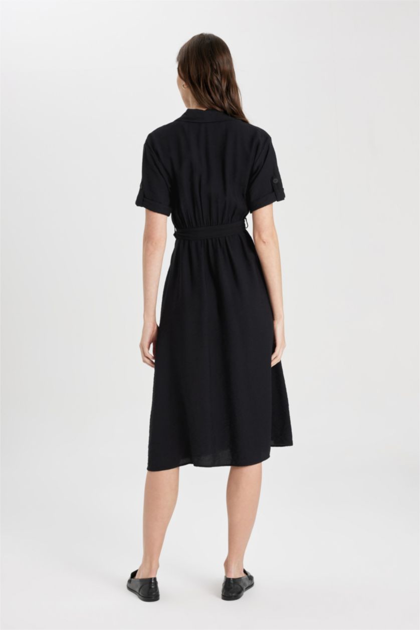 FEMME Noir Col De Chemise Look Lin Robe Tissée À Manches Courtes