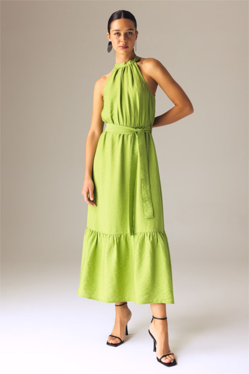 FEMME Vert Robe longue à Manches Courtes aspect Lin à Col Croisé