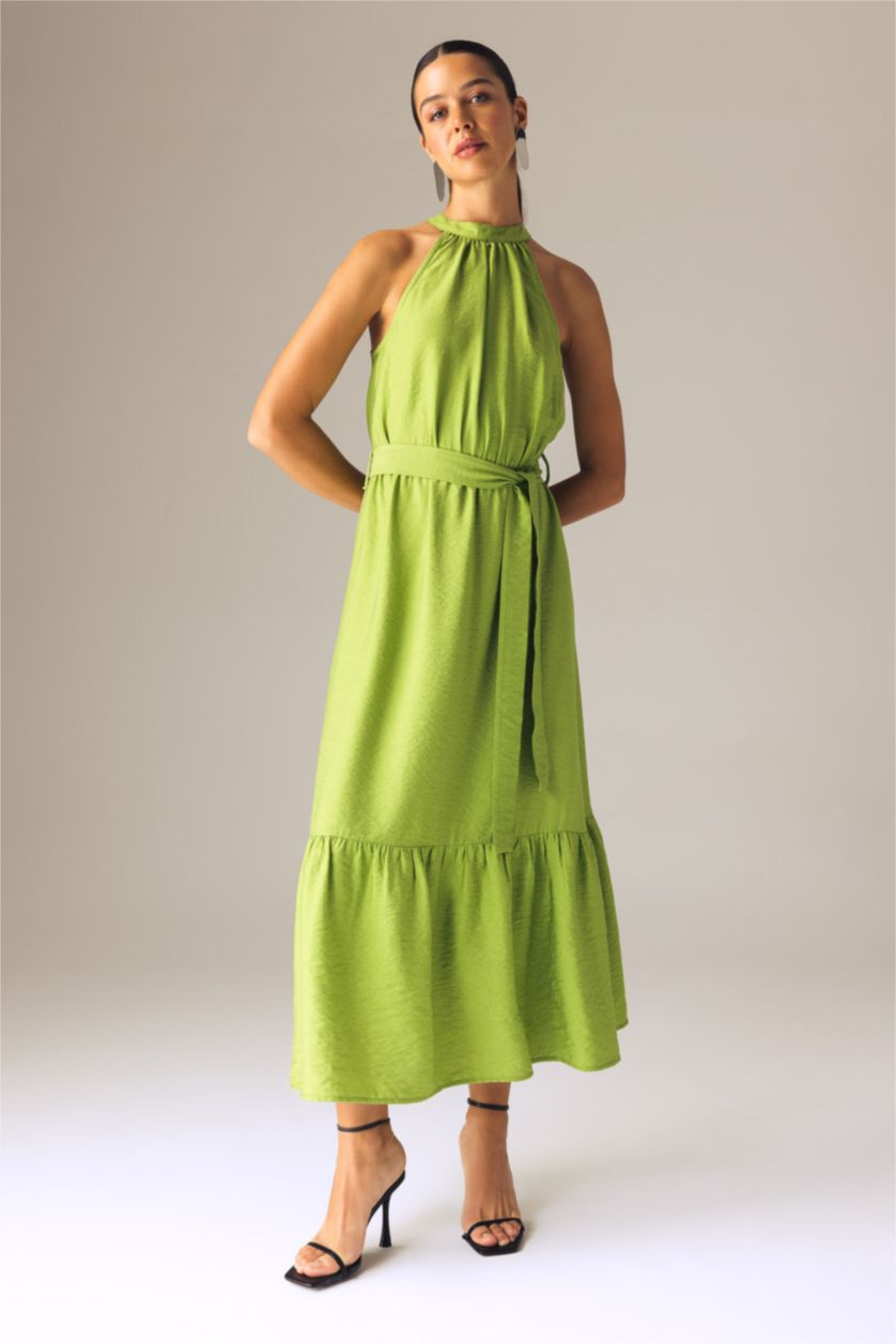 FEMME Vert Robe longue à Manches Courtes aspect Lin à Col Croisé
