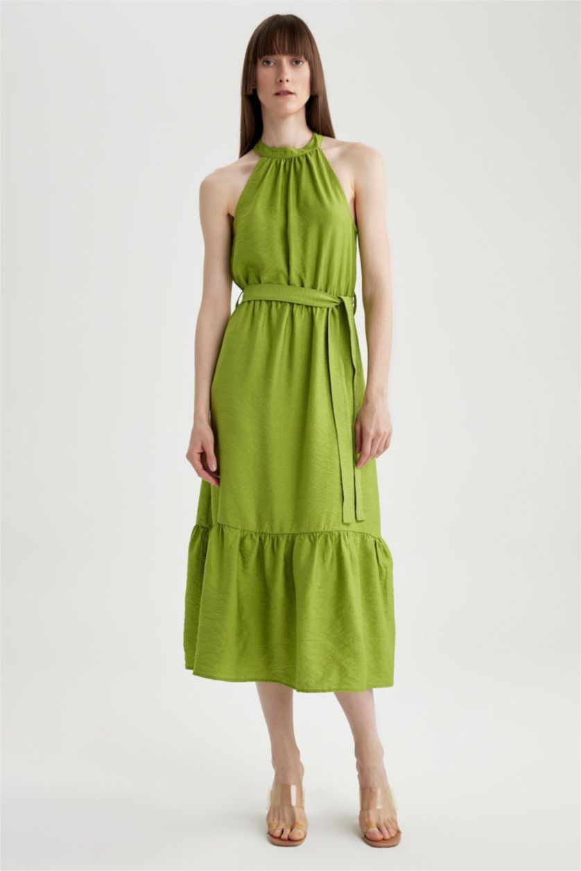 FEMME Vert Robe longue à Manches Courtes aspect Lin à Col Croisé