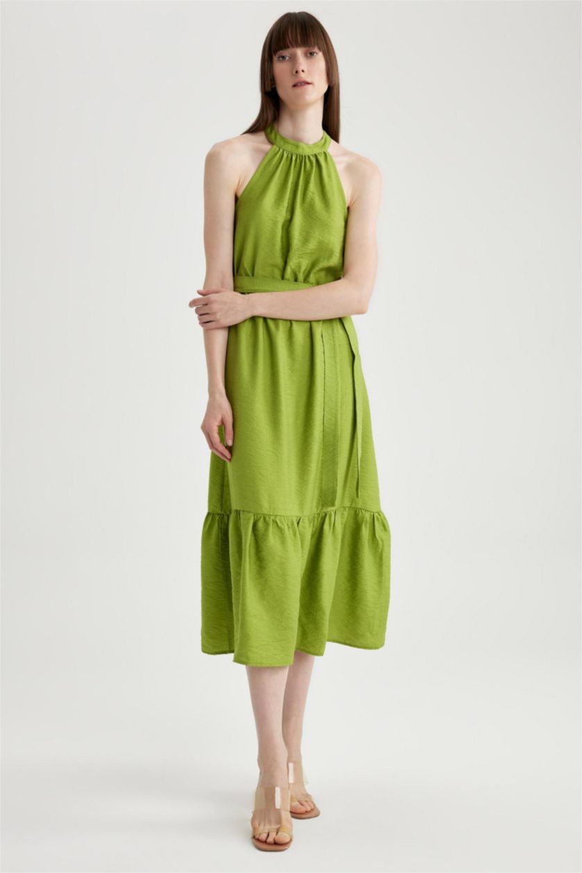FEMME Vert Robe longue à Manches Courtes aspect Lin à Col Croisé