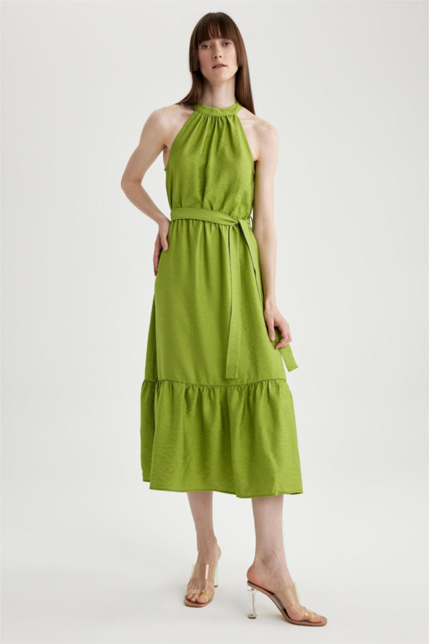 FEMME Vert Robe longue à Manches Courtes aspect Lin à Col Croisé