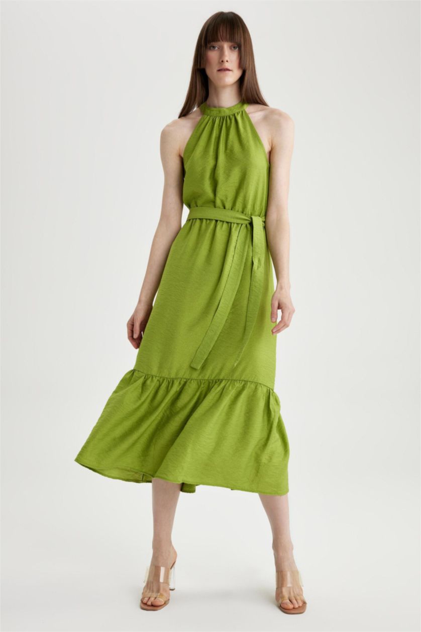 FEMME Vert Robe longue à Manches Courtes aspect Lin à Col Croisé