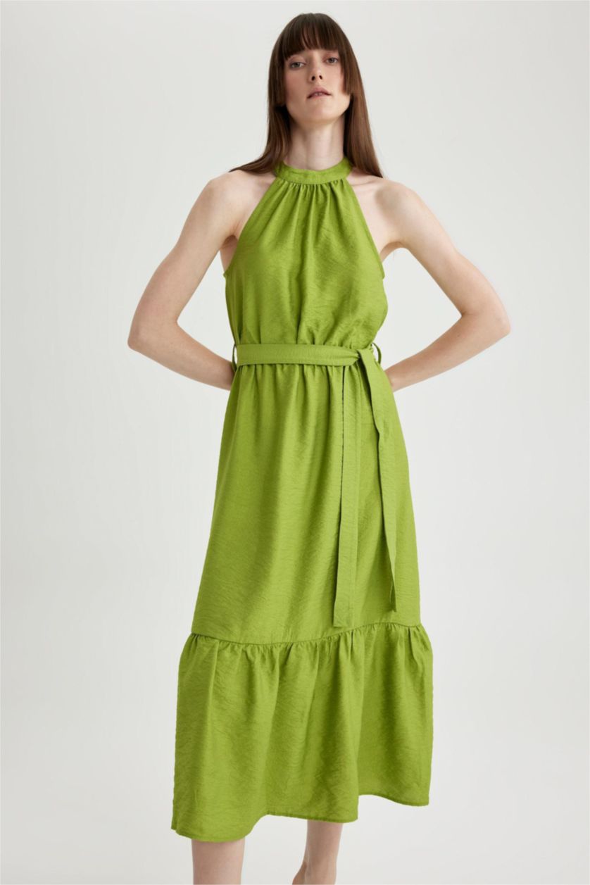 FEMME Vert Robe longue à Manches Courtes aspect Lin à Col Croisé