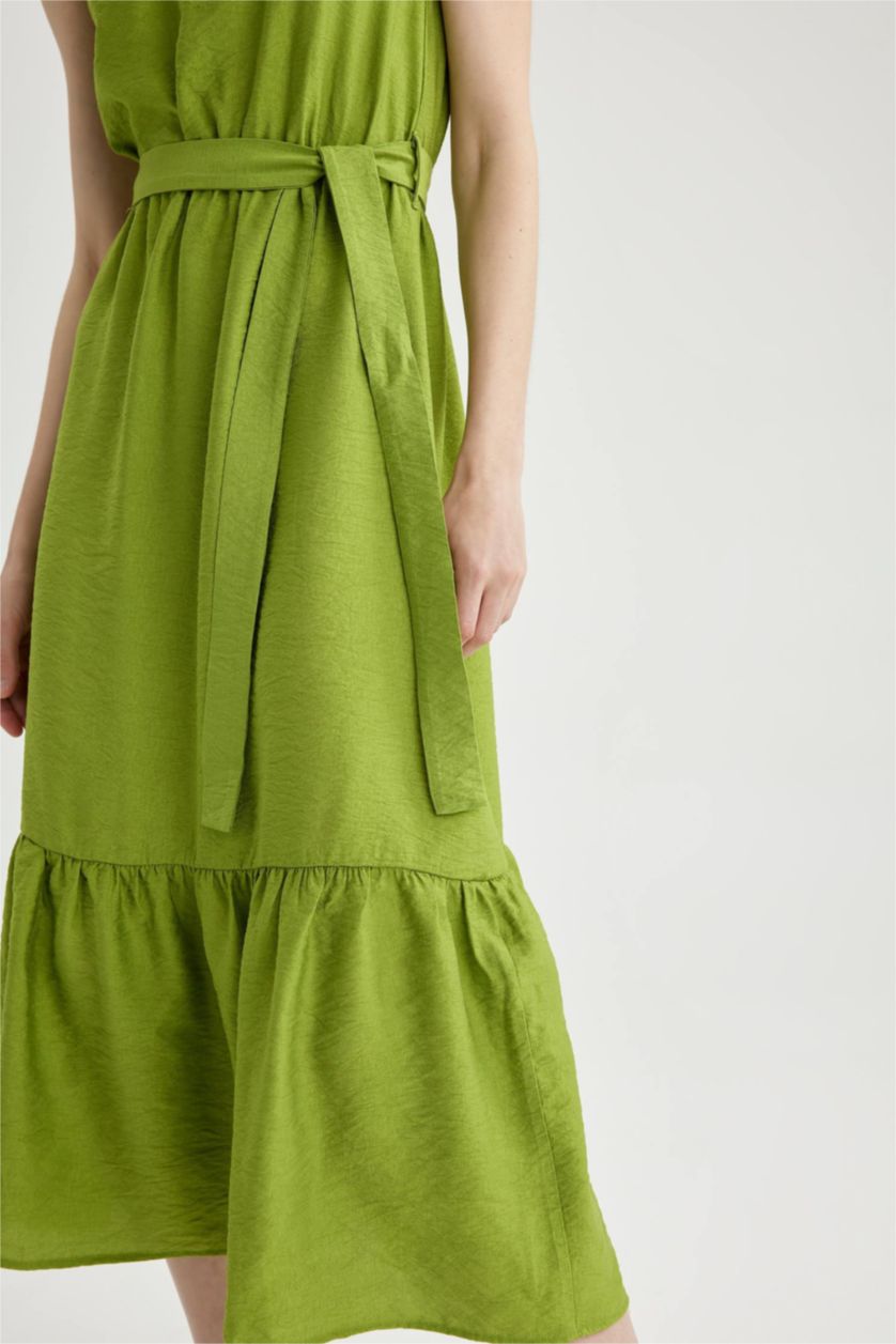 FEMME Vert Robe longue à Manches Courtes aspect Lin à Col Croisé