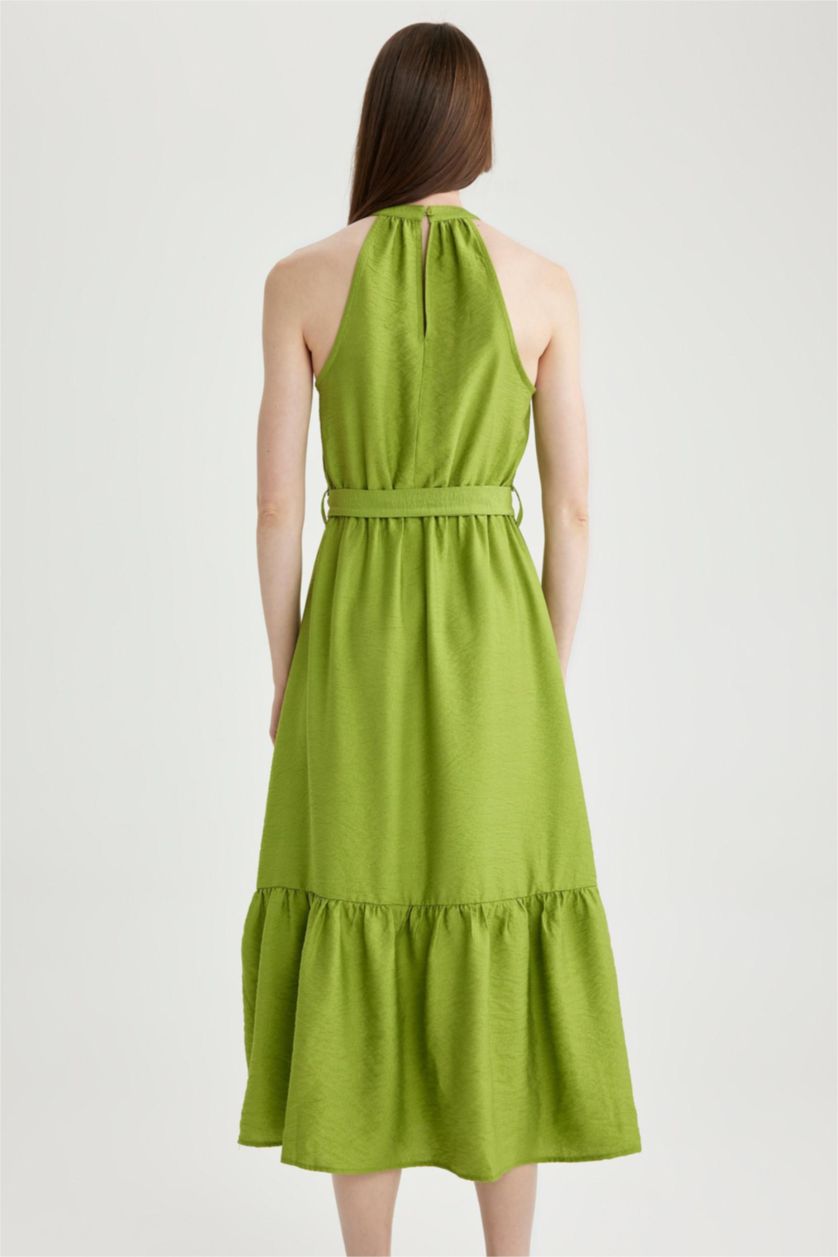 FEMME Vert Robe longue à Manches Courtes aspect Lin à Col Croisé