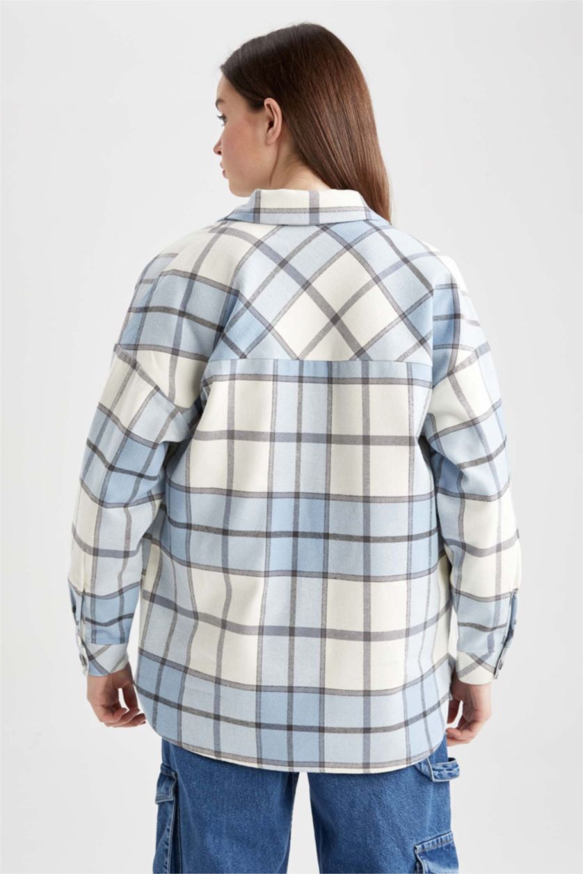 نساء أزرق تونيك فلانيل كاروهات اوفر سايز بياقة قميص