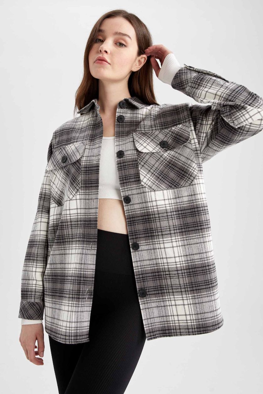 Woman Black Shirt Collar Checked Flannel Long Sleeve Tunic